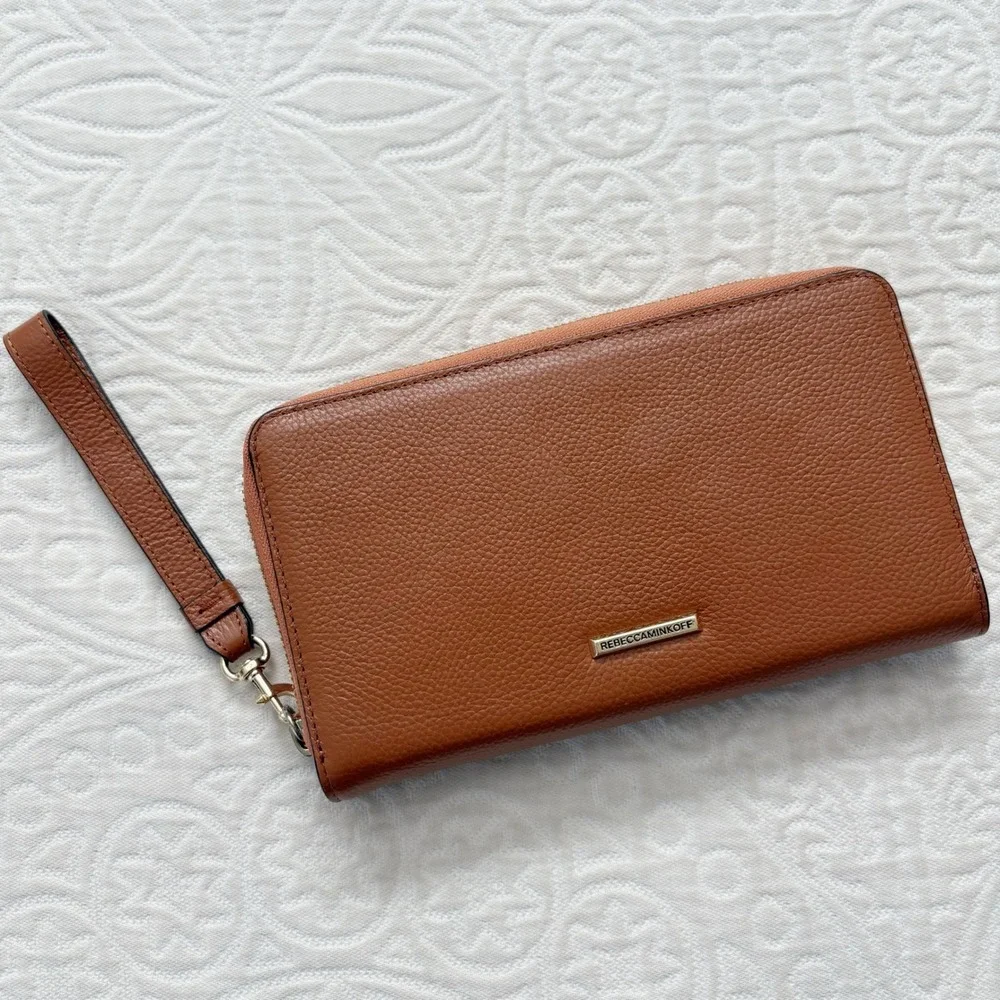 Rebecca Minkoff Regan Zip Wristlet with Lightning Charger, Brown Pebbled Leather